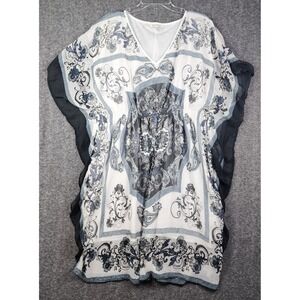 Speed Control New York Kaftan Dress Women 2X White Blue Paisley Smocked Chiffon
